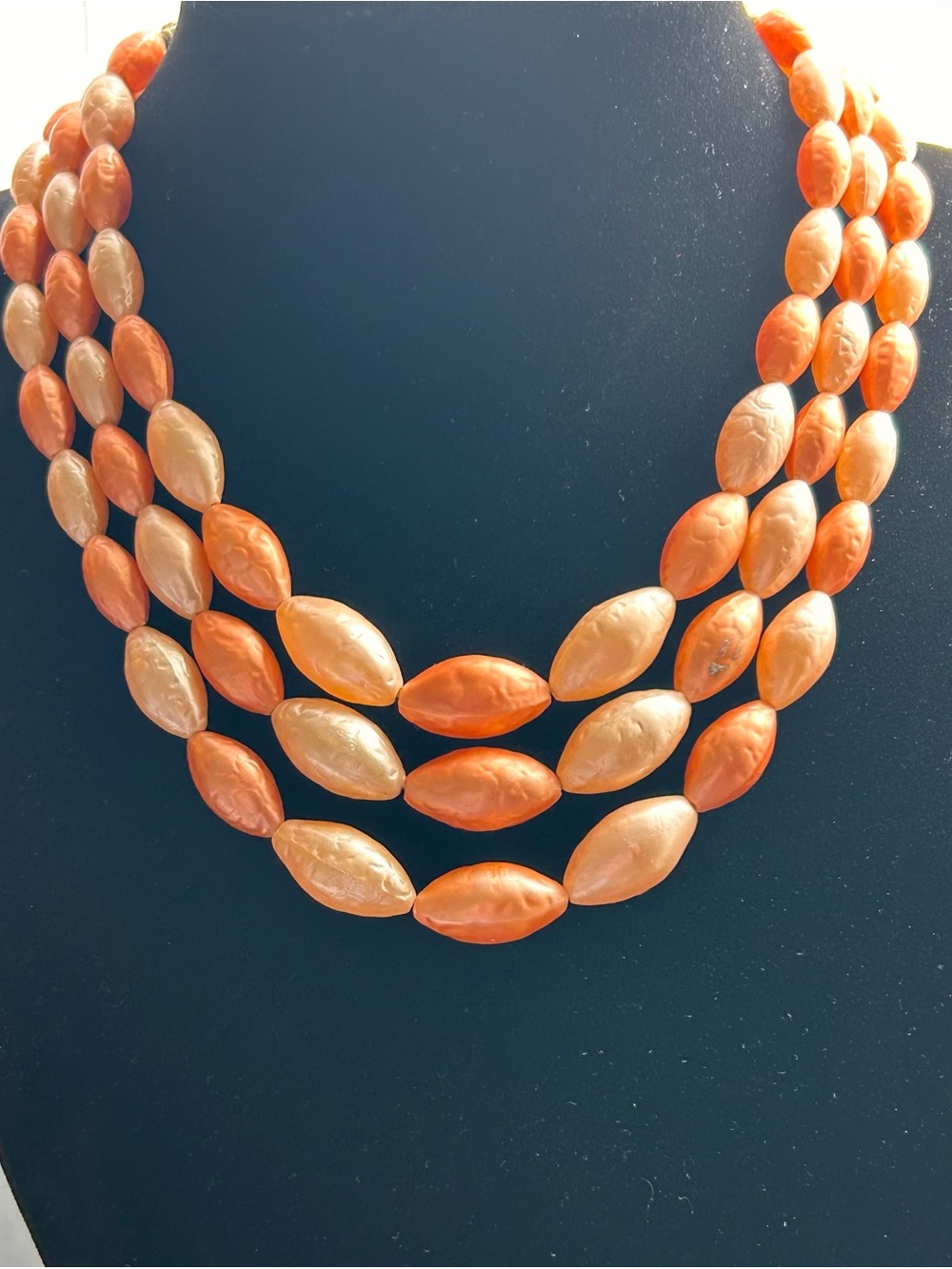 Vintage MCM Japan 3 Strand graduated peach & tangerine Beaded Necklace